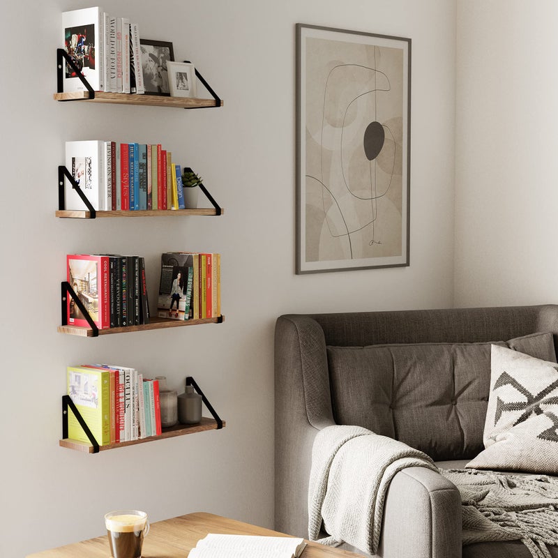 Wallniture Ponza Floating Shelves Wall Mounted Set of 4, Wall Shelves for Bedroom, Bathroom, Living Room, Kitchen, Natural Burnt Rustic Wood Board with Metal Floating Shelf Bracket - Image 3